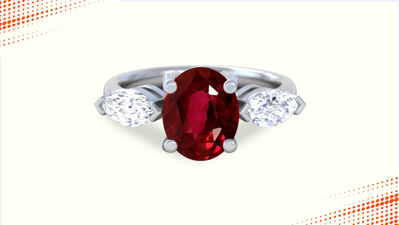 ruby three stone ring with marquise cut diamonds