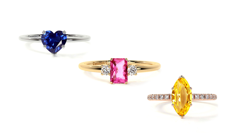 sapphire engagement rings of various colors in various metals