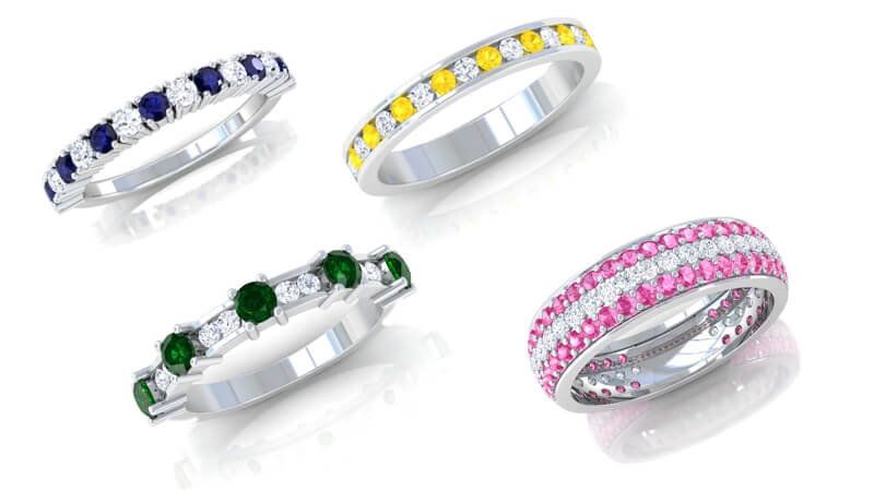 wedding bands in different colored gemstone