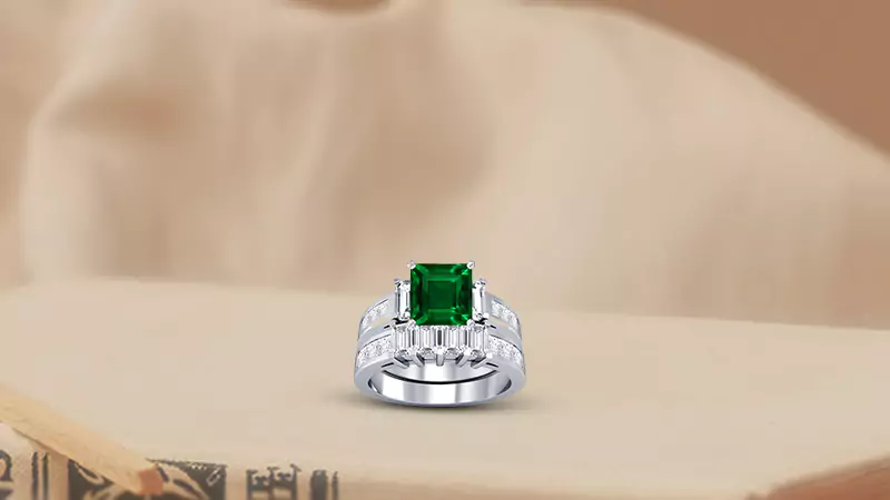 Emerald and princess cut diamonds prong set matching set