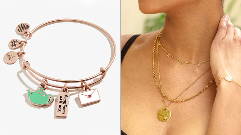 A jewelry piece from Alex and Ani in collage with Monica Vinader jewelry