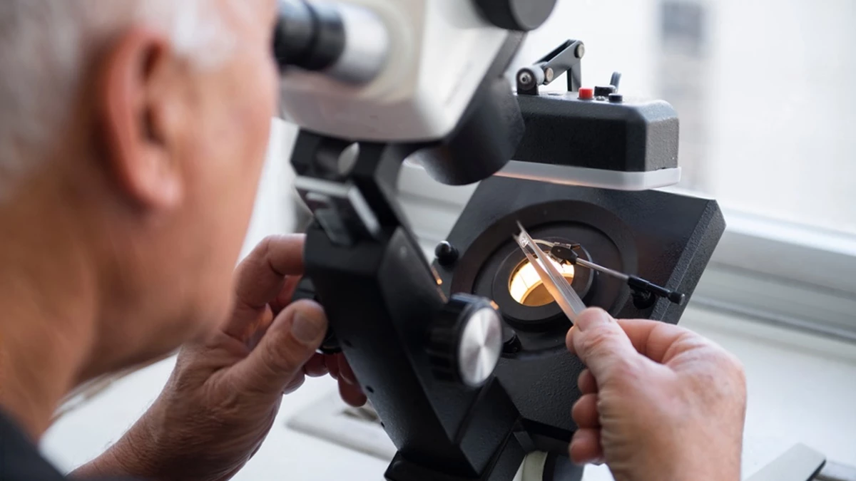 gemologist looking at a gemstone via a microscope