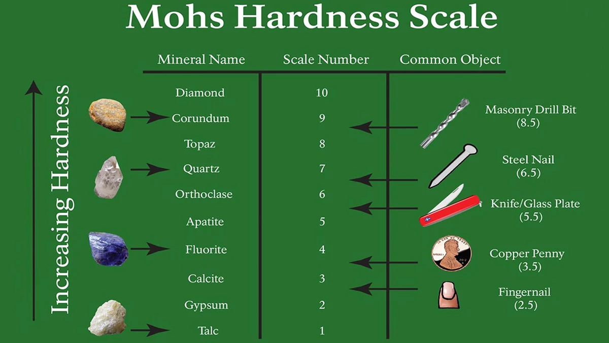 Hardness of some gemstones ranked on the Mohs scale
