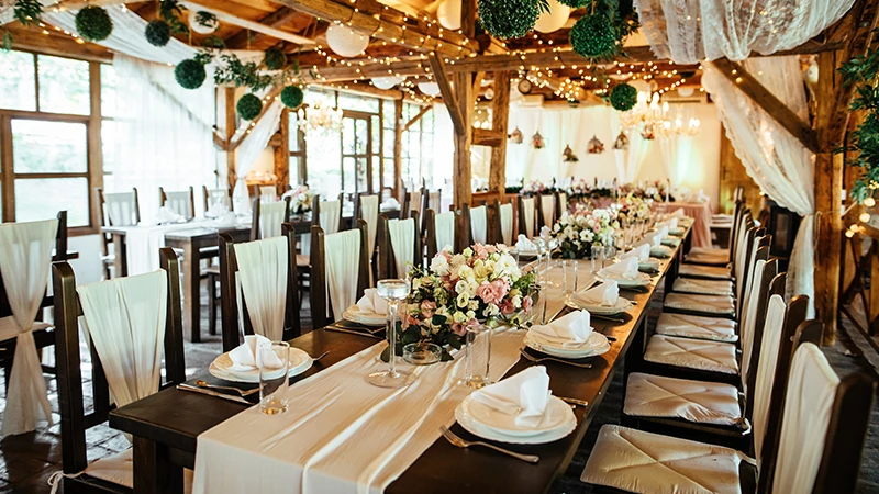floral decoration and dining scene from a wedding 