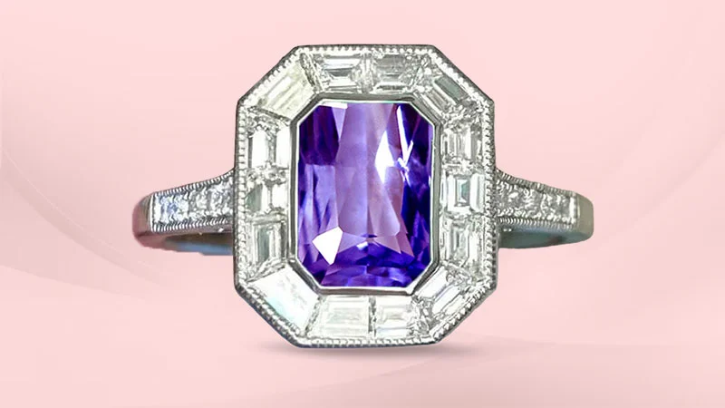 Diamond Halo Emerald-cut Purple Sapphire Ring
