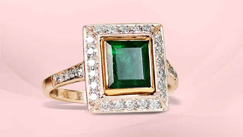 Rose Gold Diamond Halo Emerald-cut Emerald Ring