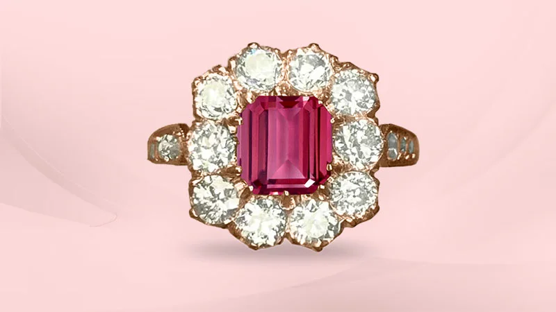 Rose Gold Diamond Halo Floral Pink Tourmaline Ring
