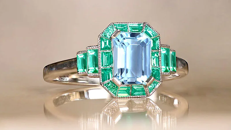 White Gold Aquamarine Ring With Emerald Baguettes
