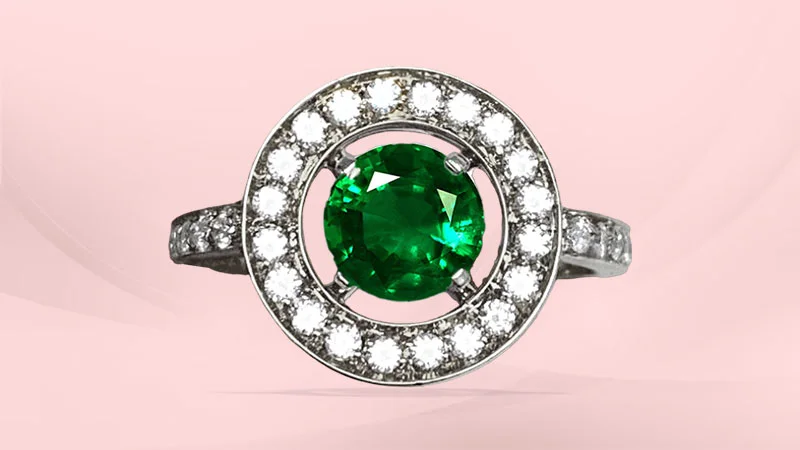 White Gold Diamond Halo Round-shaped Emerald Ring