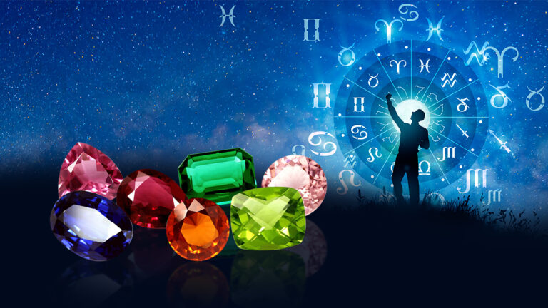 NIght sky with astrological symbols and gemstones on the floor