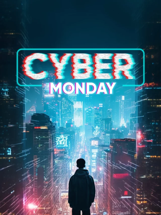 Cyber Monday logo with a futuristic cityscape background
